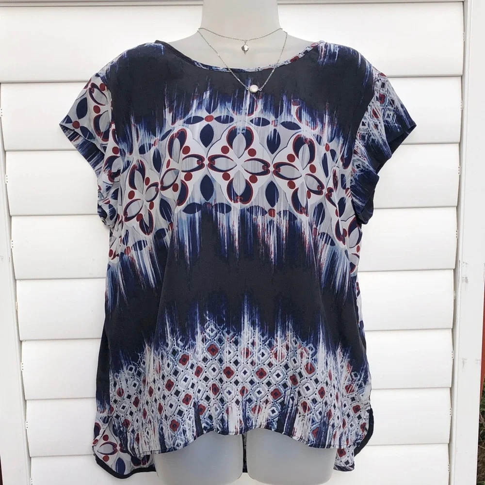Tianello Navy and White Patterned Blouse - Picture 9 of 10